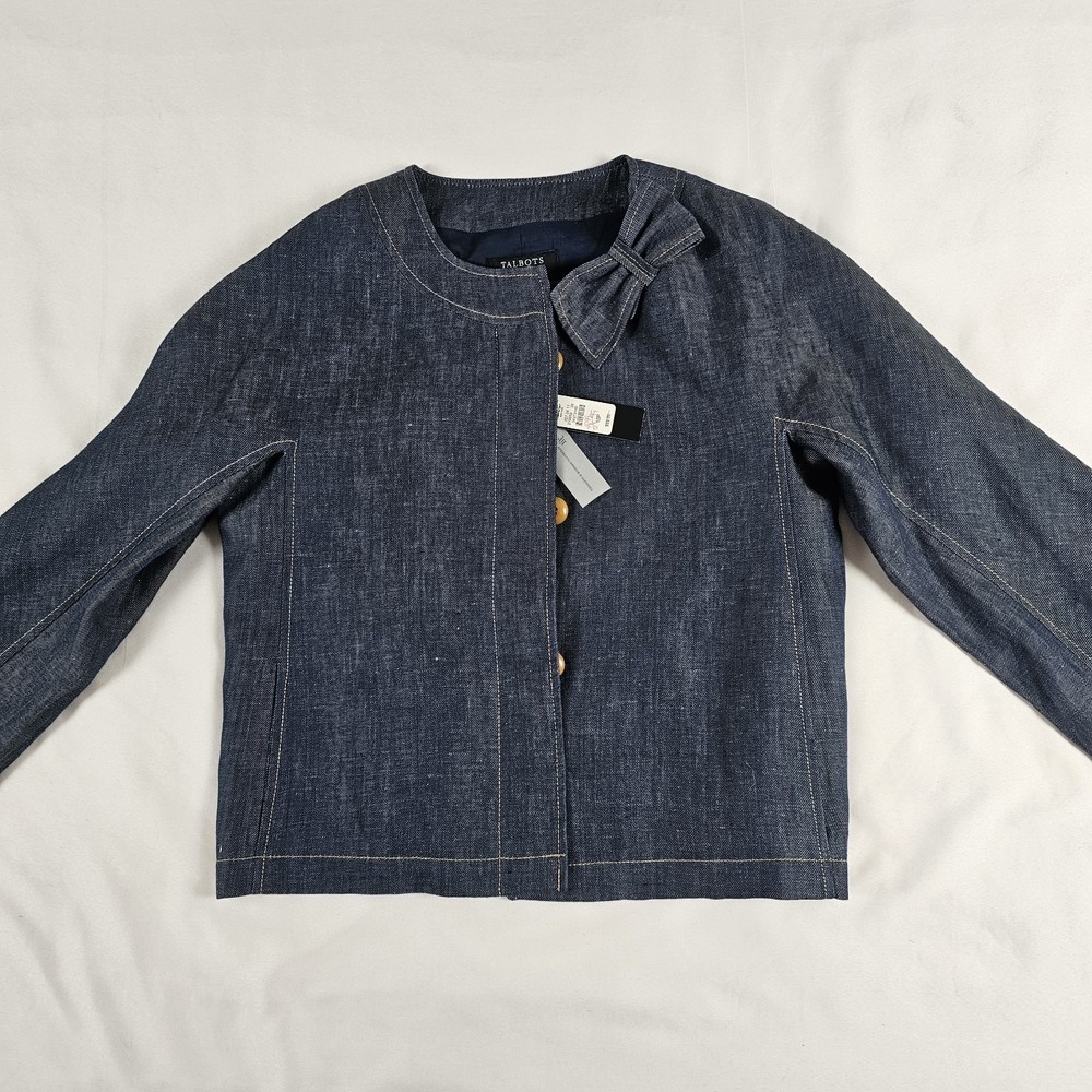Talbots‎ Chic Vintage Inspired Blue Jean Jacket Hidden Buttons Denim Bow 10 P